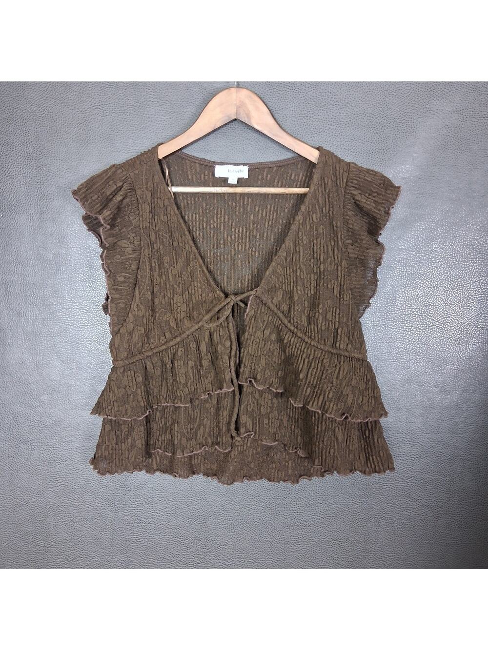 La Peche Top Womens Small Fairy Grunge Babydoll Tie Front Ethereal Lace Brown